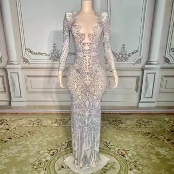 Элегантное платье в пол с принтом бриллиантов, сексуальное платье-футляр для вечеринки на день рождения, для выступления, для ночного клуба, певицы, сценическая одежда