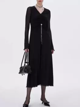 Элегантное Плиссированное черное платье-миди с V-образным вырезом, новинка 2024, Осеннее винтажное женское привлекательное банкетное роскошное длинное платье в стиле ретро с длинным рукавом, G693