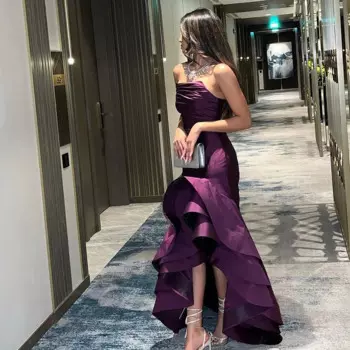 Элегантное роскошное вечернее платье 2024, многоуровневое платье без рукавов с высоким и низким вырезом без бретелек, однотонное атласное многоуровневое платье длиной до пола, на заказ