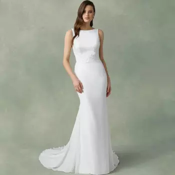 Элегантное свадебное платье без рукавов с круглым вырезом, искусственная кожа, аппликация, сексуальное иллюзионное платье с пуговицами, шифоновые платья со шлейфом