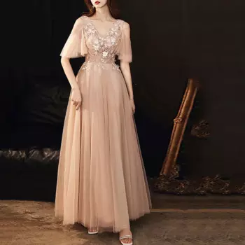 Элегантное Тюлевое платье для выпускного вечера, женское ТРАПЕЦИЕВИДНОЕ вечернее платье до пола с V-образным вырезом и оборками, вечерние платья с коротким рукавом