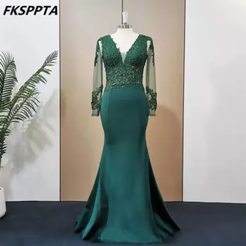 Элегантное зеленое вечернее платье с юбкой-годе, длинное официальное платье с длинными рукавами, блестящее платье