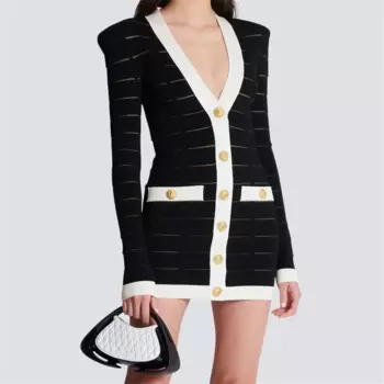 Элегантное женское платье, Новинка осени 2024, эластичное трикотажное ажурное мини-платье с длинным рукавом, короткие платья с металлическими пуговицами y2k