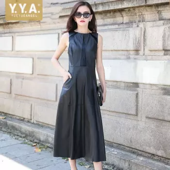 Элегантное женское вечернее длинное платье из овечьей кожи, женское облегающее лоскутное платье без рукавов с круглым вырезом, роскошный сарафан из натуральной кожи