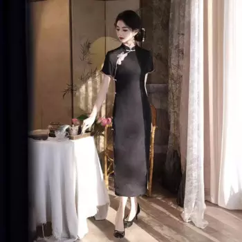 Элегантное женское жаккардовое атласное Повседневное платье Ципао с коротким рукавом китайское вечернее платье