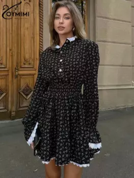 Элегантные черные платья Oymimi с принтом 2024, женские модные Лоскутные кружевные платья с длинным рукавом, повседневное Плиссированное мини-платье с высокой талией