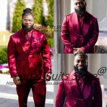 Элегантные красные шелковые атласные мужские костюмы на заказ, шаль с лацканами, формальные смокинги для жениха, комплекты из 2 предметов, роскошные мужские пиджаки, костюм Homme