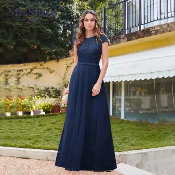 Элегантные кружевные Длинные платья MisShow А-силуэта для подружки невесты для свадьбы женское платье с коротким рукавом темно-синее макси