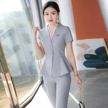Элегантные серые летние женские деловые костюмы с коротким рукавом, деловые костюмы в офисном стиле, женские офисные брюки, костюм из блейзера и брюк