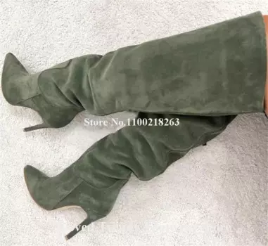 Элегантные зеленые бежевые замшевые высокие сапоги до колена на шпильке, модные длинные сапоги без застежек с острым носком на тонком каблуке, женские сапоги большого размера