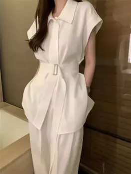 Элегантные женские черно-белые модные комплекты из 2 предметов, женская рубашка с поясом на весну и лето, топ с высокой талией, длинные широкие брюки, костюмы из 2 предметов