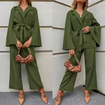 Элегантные женские костюмы, Дамский блейзер с заостренным воротником и поясом, деловой облегающий пиджак для офиса, 2 шт., куртка с брюками