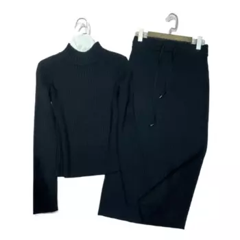 Элегантный черный шерстяной свитер в полоску с вязаной Шерстяной Юбкой