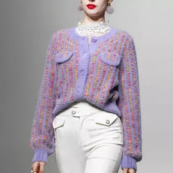 Элегантный фиолетовый кардиган, укороченный топ, Женский необычный клетчатый вязаный кардиган из искусственной норки, корейский модный свитер с круглым вырезом, куртка, теплая верхняя одежда