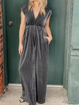 Элегантный комбинезон для отдыха без рукавов, женские весенне-летние модные комбинезоны с широкими штанинами, Однотонный женский комбинезон с глубоким V-образным вырезом