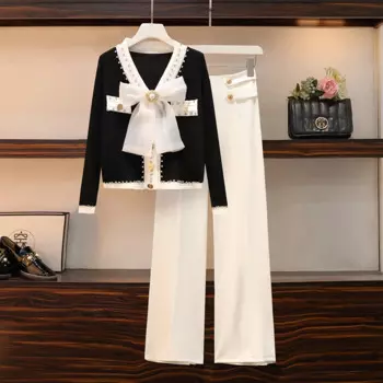 Элегантный комплект из двух предметов для женщин 2023 Алмазный трикотажный топ и широкие брюки женские осенне-зимние черные белые костюмы больших размеров