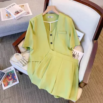 Элегантный комплект из двух предметов из 2 предметов, женское пальто с v-образным вырезом и короткими рукавами + шорты, женские однотонные корейские модные летние офисные костюмы, одежда