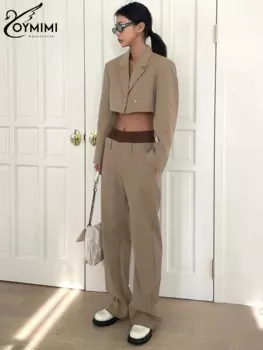 Элегантный костюм Oymimi цвета хаки из двух предметов в стиле пэчворк, Женский Повседневный костюм с длинным рукавом и прямыми брюками на пуговицах