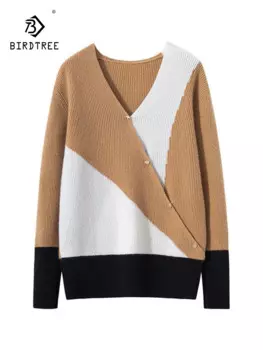 Элегантный мягкий свитер BirdTree из 100% чистого кашемира, женский модный Повседневный свитер с V-образным вырезом для осени и зимы, T47816QC