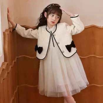 Элегантный наряд из двух предметов, твидовая куртка для девочек с детским платьем принцессы, блейзер с длинными рукавами, весенне-осенний детский костюм TZ191