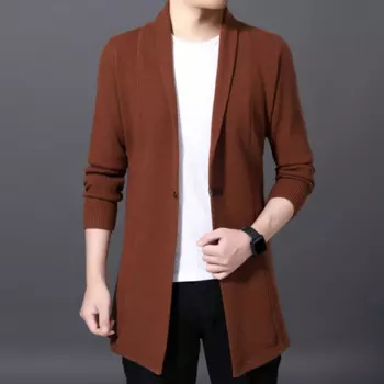 Элегантный однотонный мужской теплый кардиган 2024, мужской повседневный эластичный свитер. Длинный кардиган с открытым передом и v-образным вырезом. M-4XL