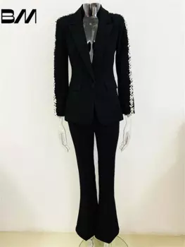 Элегантный пиджак с блестками и вышивкой для тяжелой промышленности, брючный костюм, комплект из 2 предметов, женский офисный свадебный женский костюм, костюм