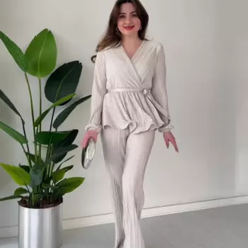 Элегантный плиссированный топ, комплект из двух предметов, женский свободный костюм с длинным рукавом «летучая мышь», Большие широкие брюки с широкими штанинами, женский костюм, 2024, женский костюм