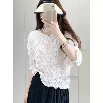 Элегантный плиссированный топ Miyake для женщин, Новинка лета 2024, Высококачественная футболка с вышивкой и коротким рукавом