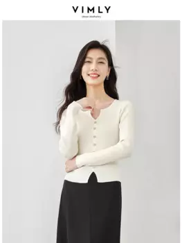 Элегантный пуловер Vimly с V-образным вырезом, Короткие вязаные свитера для женщин, осень 2023, тонкие вязаные топы с длинным рукавом, высокий модный джемпер 72367