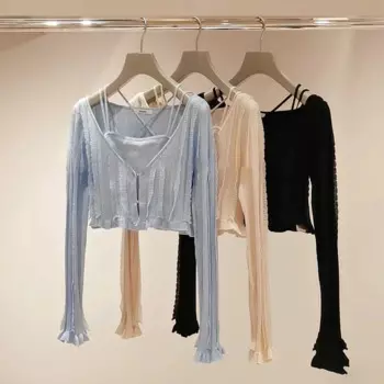 Элегантный вязаный кардиган Kuzuwata с V-образным вырезом и расклешенными рукавами в виде грибка + Свежие повседневные милые весенние японские костюмы с перекрестными лямками