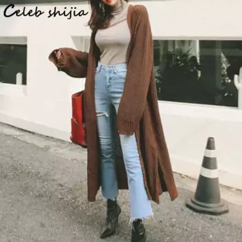 Элегантный зеленый длинный вязаный кардиган, женский зимне-осенний свободный свитер, пальто, женский корейский уличный кардиган с открытой строчкой