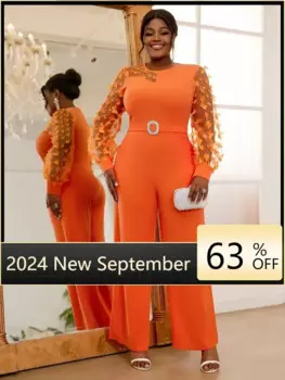 Элегантный женский осенний оранжевый комбинезон с круглым вырезом, прозрачный длинный рукав, 3D бабочка, высокая талия, галстук, ромбовидный пояс, прямой цельный предмет