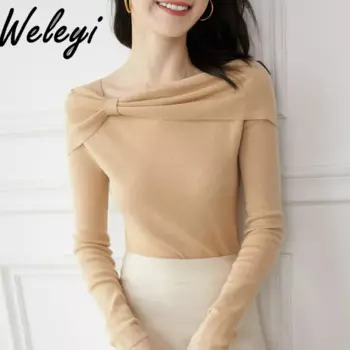 Элегантный женский пуловер, свитер для женщин, осень 2024, женские вязаные топы с квадратным вырезом, приталенный шерстяной вязаный джемпер с бантом и длинным рукавом