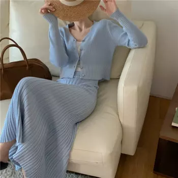 Элегантный женский вязаный кардиган, комплект из двух предметов, осенне-зимний короткий синий свитер с V-образным вырезом и пуговицами в виде сердечек + длинная искусственная кожа