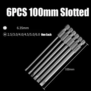 Набор электрических шлицевых отверток, 50 мм, 75 мм, 100 мм, 1,5-6 мм, магнитная плоская ударная головка, 6,35 мм, сверло с шестигранным хвостовиком