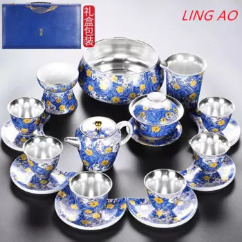 Эмалированный чайный сервиз LingAo, эмалированный фарфор, позолота, стерлинговое серебро 925 пробы, подарочный набор для домашнего офиса