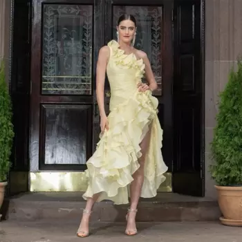 Jiayigong блестящее атласное платье для выпускного вечера с рюшами на День святого Валентина, трапециевидное платье на одно плечо, платье миди на заказ