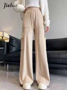 Jielur Свободные вязаные зимние новые женские брюки-карго однотонные облегающие повседневные Прямые шикарные женские брюки с завязками и высокой талией