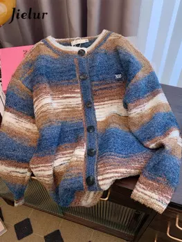 Jielur Женский винтажный кардиган в полоску, с круглым вырезом