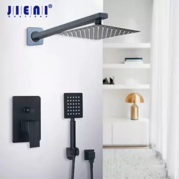 JIENI 8 10 12 16 дюймов черная живопись ультра-тонкая душевая головка Настенный Ванная комната ливневый смеситель набор светодиодный и ручная насадка для душа