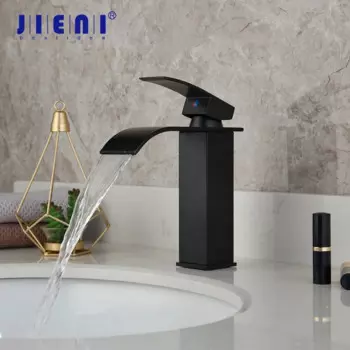 JIENI матовый черный смеситель для раковины, водопад, смеситель для ванной комнаты, черный латунный Смеситель для раковины, простой дизайн