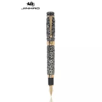 Jinhao Бизнес Металлическая Перьевая Ручка Dragon Cloud Тяжелая Большая Ручка Средний Перо Серый Резьба Тиснение Коллекция Подарочная Ручка