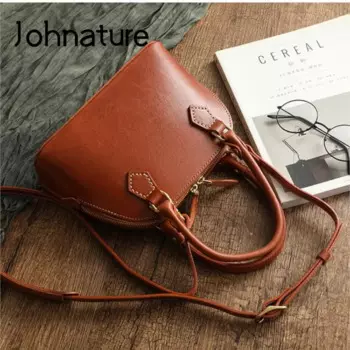 Johnature Высококачественная сумка из натуральной кожи 2024, новая винтажная сумка из натуральной яловой кожи, однотонные женские сумки на плечо