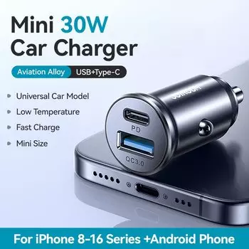 Joyroom 30 Вт Мини-автомобильное зарядное устройство PD QC3.0 USB Type-C Автомобильное зарядное устройство с двумя портами Зарядное устройство для телефона iPhone Samsung Galaxy