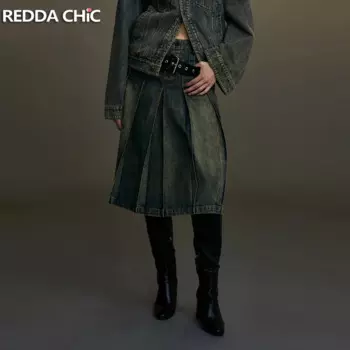 Юбка джинсовая плиссированная до колена, с высокой посадкой, свободного покроя