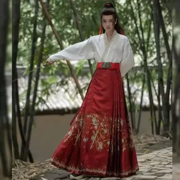 Юбка Hanfu с изображением лошади, мужские китайские традиционные тканые золотые раньфу, ярко-красная черная рубашка + юбка, комплекты для мужчин, юбка в складку XXL