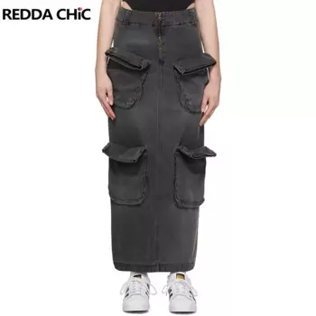 Юбка-карго ReddaChic Женская длинная, однотонная джинсовая Макси-юбка на молнии, с разрезом, в винтажном стиле, стильная одежда в стиле панк, серого цвета