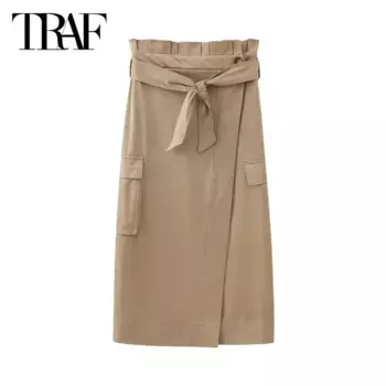 Юбка-миди плиссированная, цвета хаки, с поясом