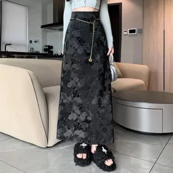 Юбка трапециевидная с разрезом, облегающая юбка средней длины из жаккардовой искусственной кожи, с завышенной талией, в национальном стиле, для тяжелой промышленности, Осень-зима