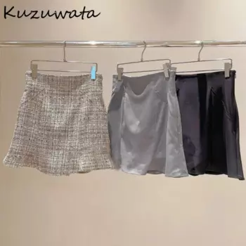 Юбка-трапеция Kuzuwata женская с завышенной талией, повседневная универсальная облегающая клетчатая короткая юбка в японском стиле, Милая Русалка